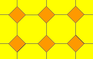 A tessellation formed by fitting regular octagons together, with squares fitted in the gaps.