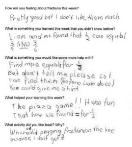 A student’s response to five questions related to fractions teaching and learning.