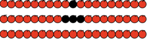 Three long rows of red apples. The first row has one black apple in the centre, the second row three black apples in the centre.